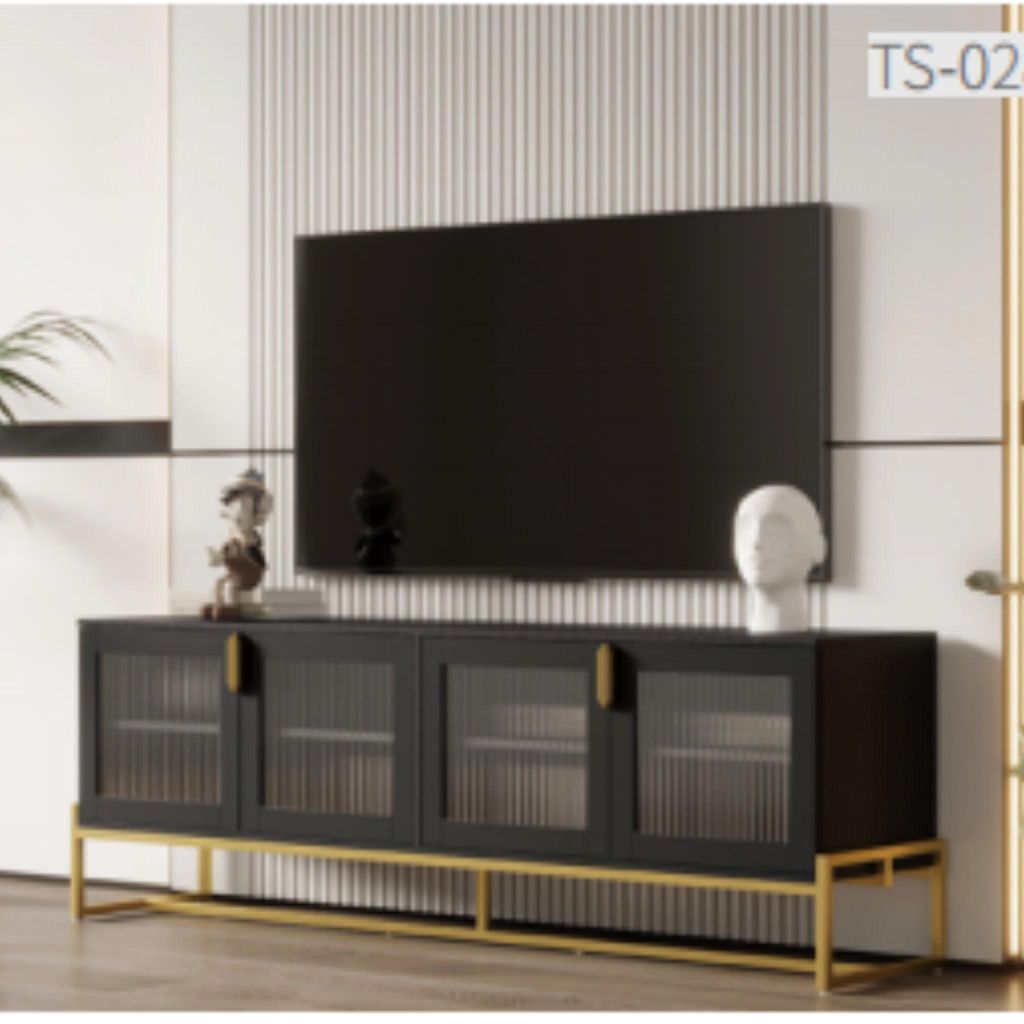 TV-Schrank Schwarz-goldenes TV-Lowboard 180x40x60 cm modernes Luxus-TV-Moebel mit Glastueren Metallbeine Wohnzimmer