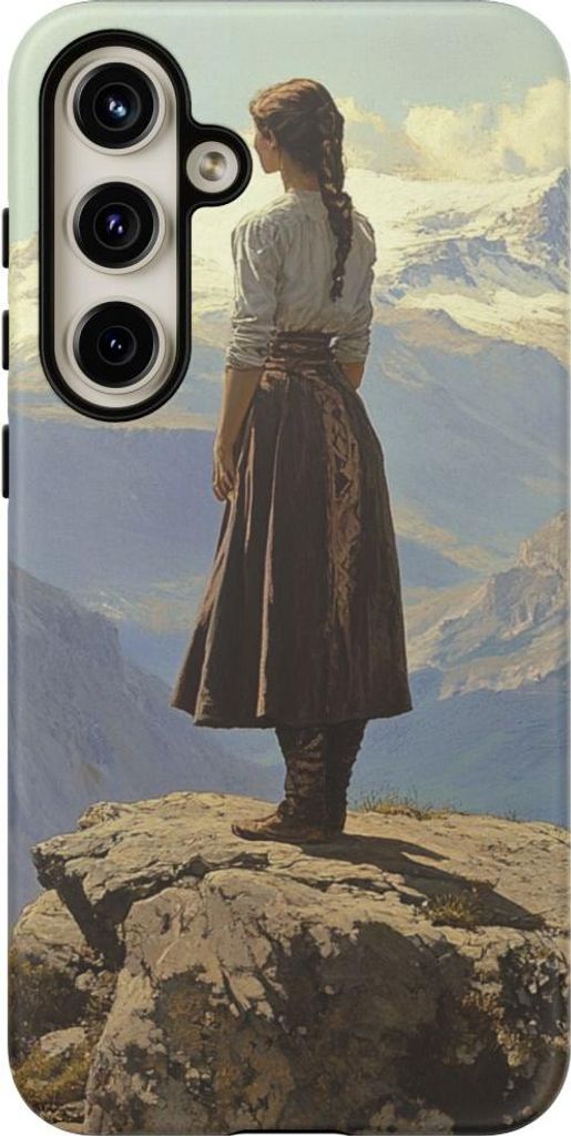 Frau vor majestätischer Berglandschaft – Handyhülle Kompatibel mit Galaxy S24 Plus