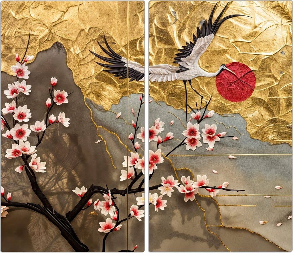 Spritzschutz Herdabdeckplatte Schneidebrett aus Glas Blüten und Kraniche 2-Teilig (60x52cm)