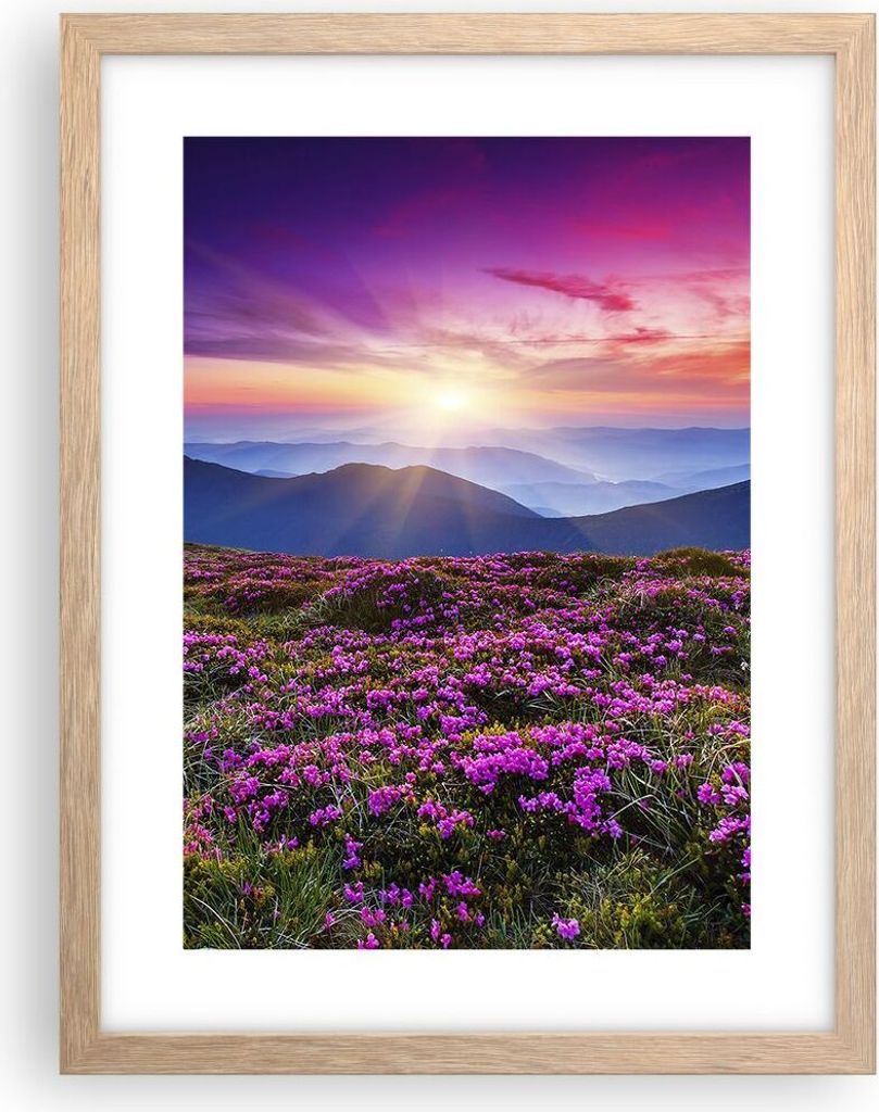 Gerahmtes Poster - Rahmen in heller Eiche - Wiese Berg Himmel Landschaft - 30x40 cm - Wand Bild - Wanddeko - Wandbilder - Wandposter - Bilderrahmen...