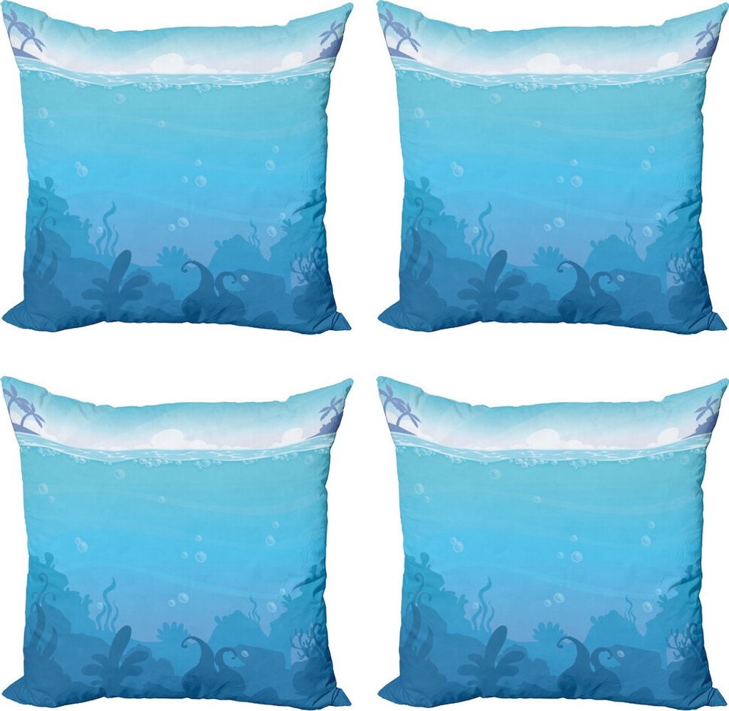 ABAKUHAUS Tiefsee Kissenbezug Set (4 Stück), Unterwasserlandschaft Palmen, Moderner Doppelseitiger Digitaldruck, 45 cm x 45 cm, Sky Blue Sea Blue
