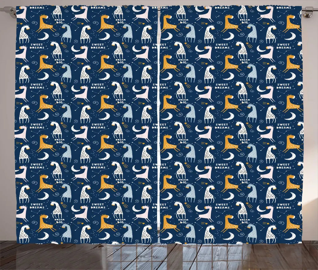 Rideau rustique ABAKUHAUS Girafe Dream Big 280x225cm Bleu Nuit Orange