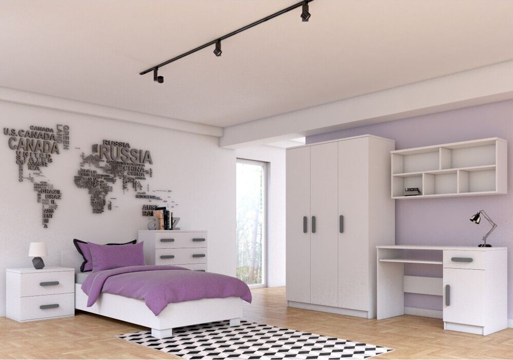 Kinderzimmer-Set Bett Schrank Wandregal Kommode Schreibtisch Nachttisch Weiß/Weiß mit graue Griffe und Matratze Jonas IV 01 M
