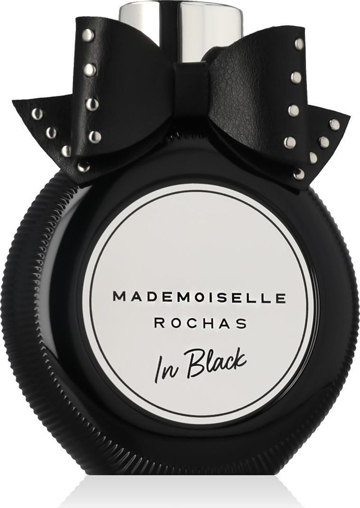 A studio shot of a black perfume bottle with a black bow on top.