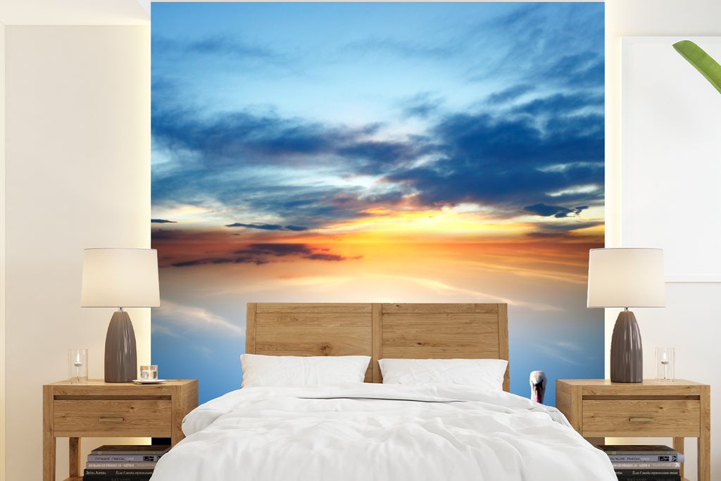MuchoWow Fototapete für Wohnzimmer oder Schlafzimmer Wandtapete Vinyl Motivtapete Schwan - Sonnenuntergang - Natur - 200x220 cm - Vinyltapeten