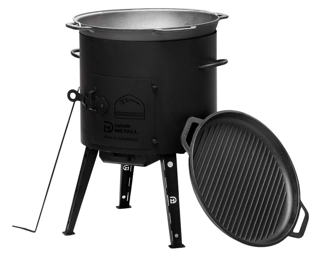 Ø36 Uchag 2mm stahl Utschak Utschag Campingofen 10L Gusseisen Kazan mit Gusseisen Deckel-Grillpfanne Kasan Feuerstelle Feldküche Außenküche Ein...