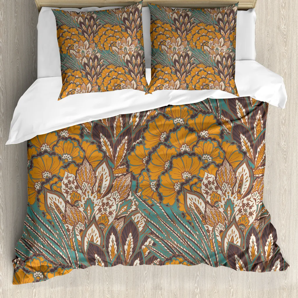 Set Copripiumino ABAKUHAUS Matrimoniale Fiori e Pavone Petrolio Antiacaro