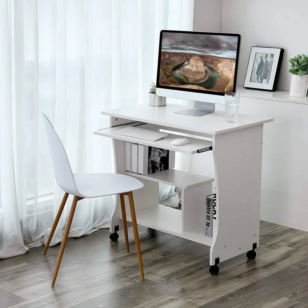 Bureau blanc à roulettes directionnelles - Table multi-usages stable 90cm