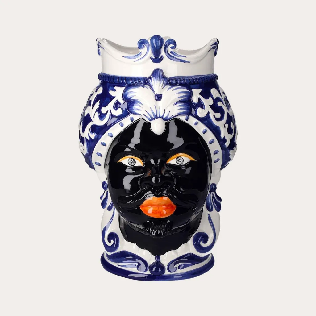 KEYHOMESTORE Grand vase Tête d'homme noir en céramique bleue h47 cm