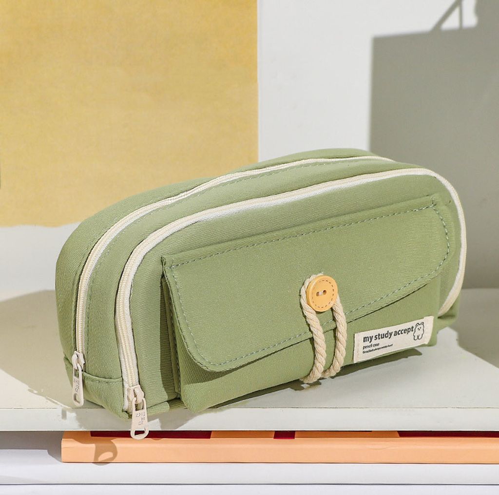 Student Niedlichen Bleistift Tasche Knopf Baumwolle Kordel Stoff Briefpapier Tasche Schule Liefert Große Kapazität Aufbewahrung Tasche, grün