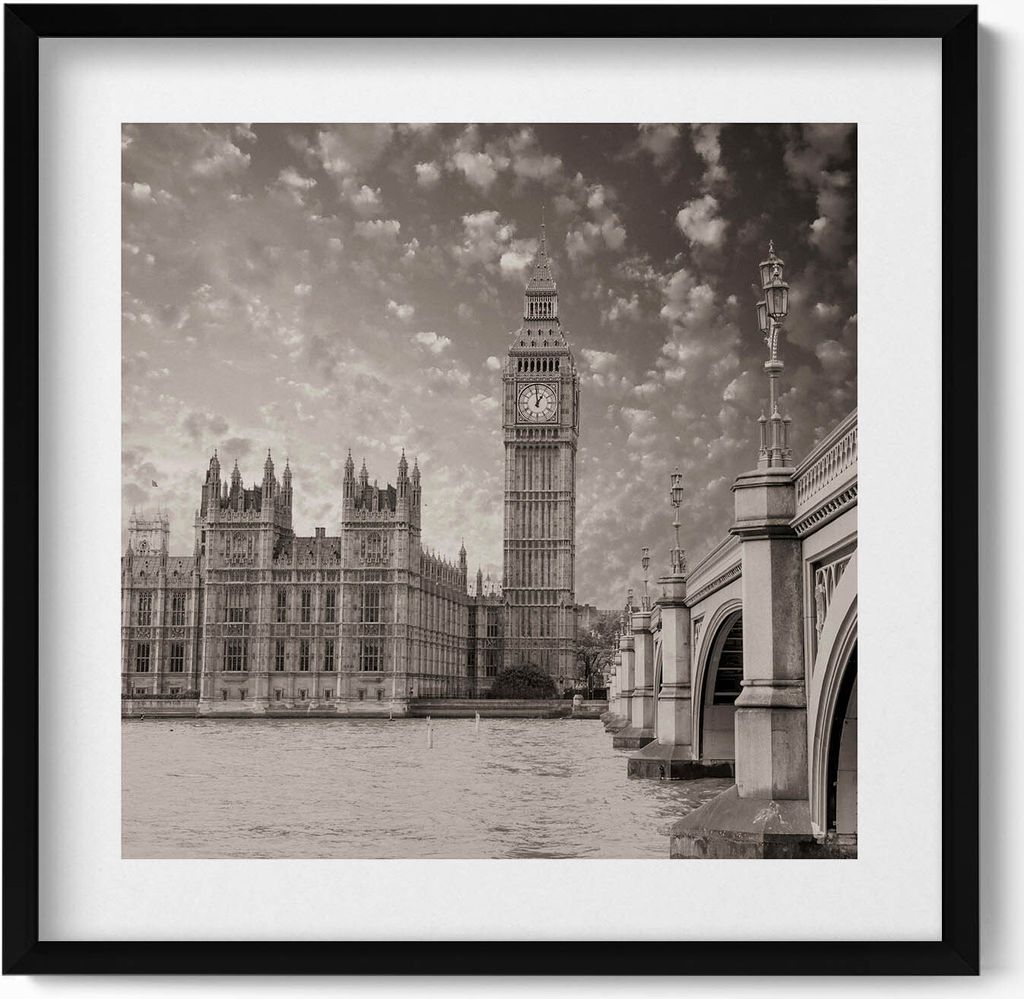 London England Big Ben– Wandbild mit Rahmen – Gerahmtes Bild – Wanddekoration – 50x50 cm – Schwarz Rahmen