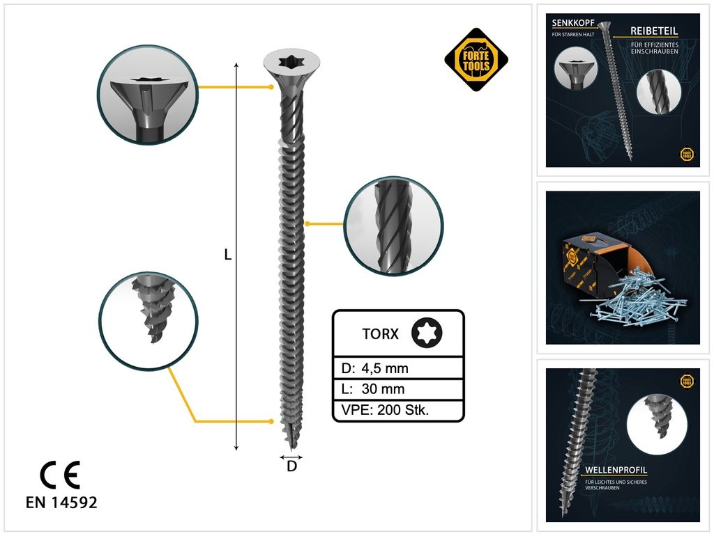 FORTE Tools Univerzální šroub do dřeva 4,5 x 30 mm T20 200 Obrázek produktu 