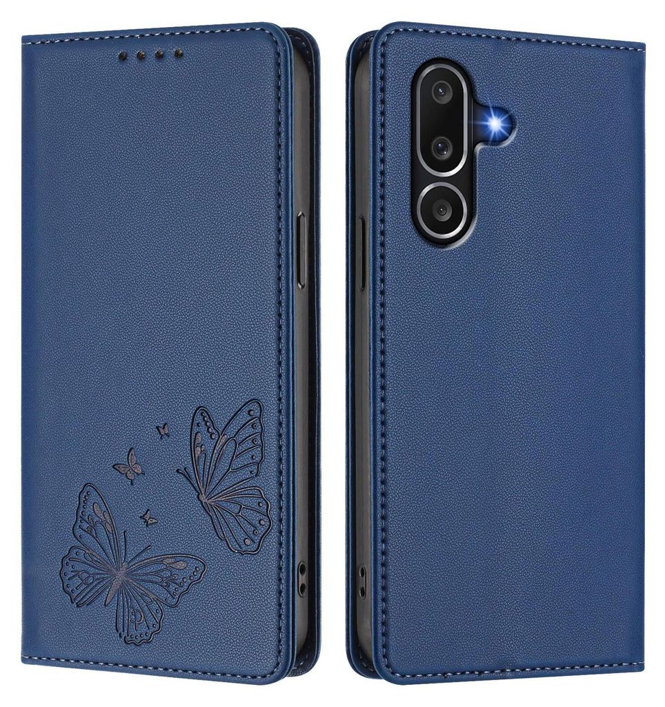 Lederhülle für Samsung Galaxy M56, Schmetterling Prägung Leder Brieftasche Schutzhülle mit Ständer Dunkelblau