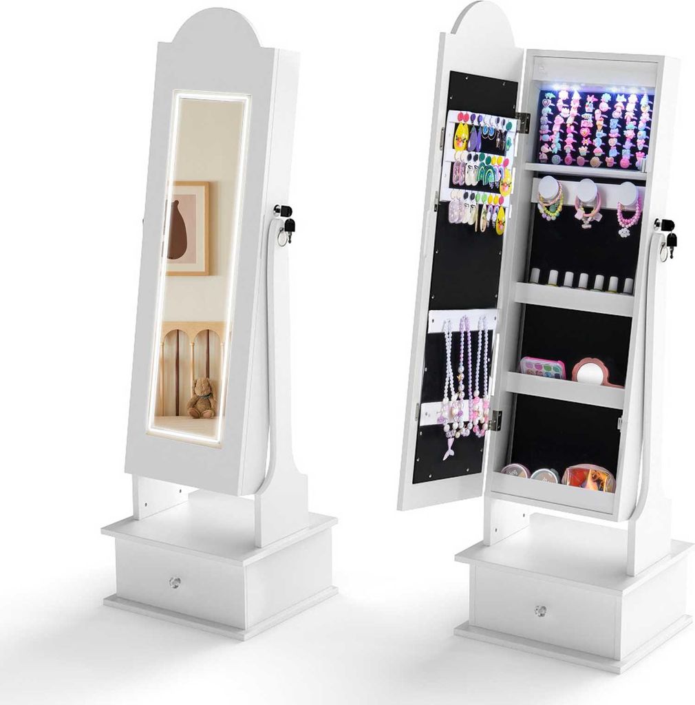 COSTWAY Kinder Schmuckschrank mit Beleuchtung, 2 in 1 Spiegelschrank mit 3 Ganzkörperspiegel, 4 LED-Leuchten & Schublade, Schmuck-Organizer, Weiß
