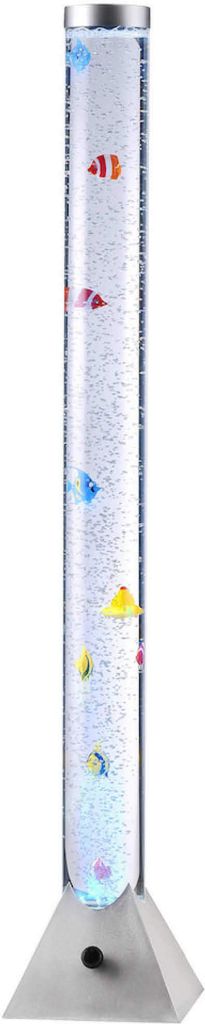 A tall, clear cylindrical lamp with a silver base, filled with water, bubbles, and small decorative fish. The lamp is lit from the bottom with colored lights.