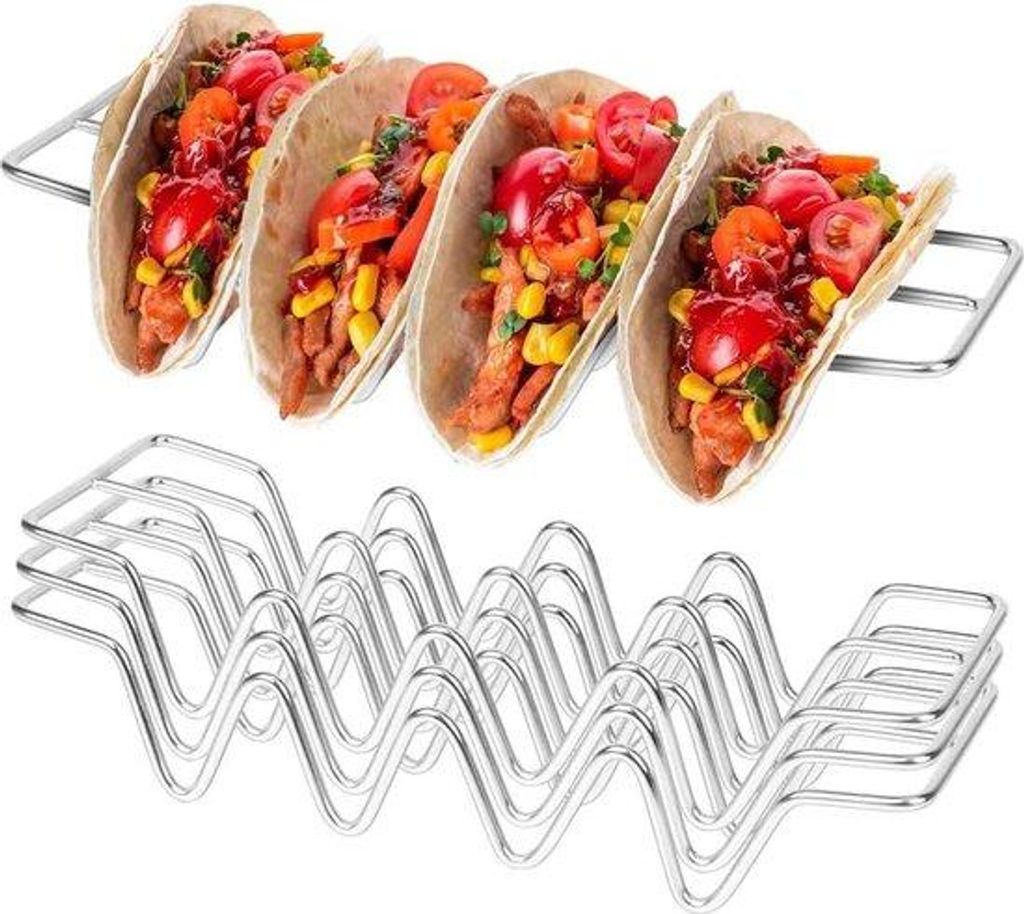 Taco-Halterungen aus Edelstahl - golfartig - 4er-Satz - mit Griffen - für Tacos, Hotdogs, Sandwiches, Pfannkuchen.