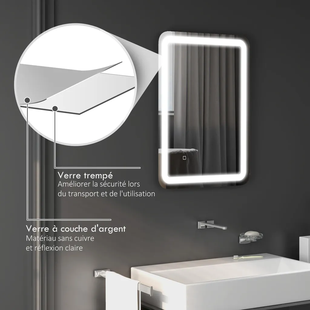 Miroir LED Anti-buée Argent 70x50 cm avec Luminosité Programmable - 9