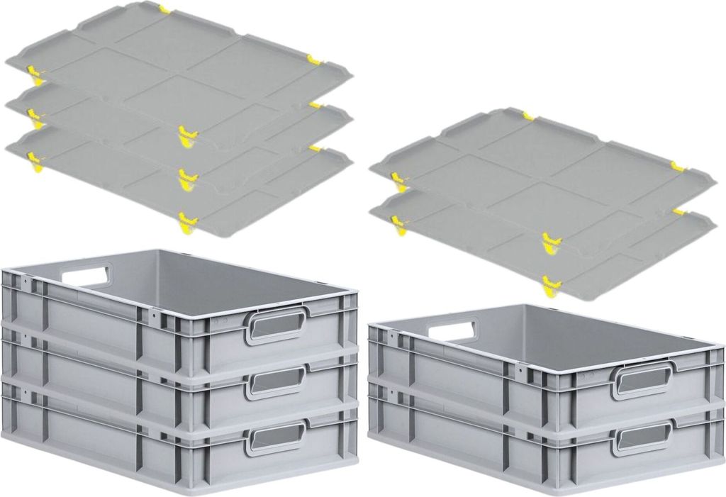 SparSet 5x Eurobox NextGen Grip mit Auflagedeckel inkl. 4 gelben Schiebeschnappverschlüssen | HxBxT 12x40x60cm | 23 Liter | Griffe offen | Glatter...