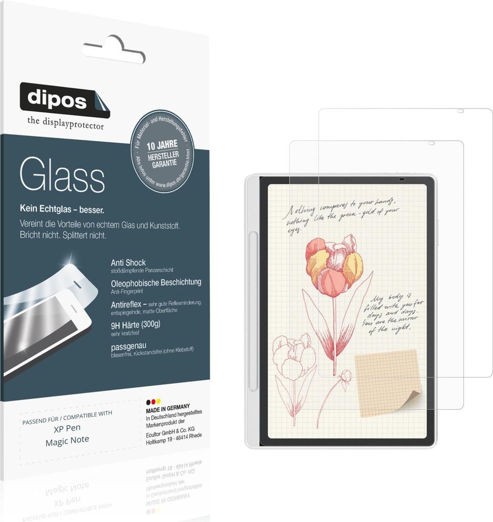2x Schutzfolie für XP-Pen Magic Note Pad matt - Anti-Shock 9H Folie dipos Glass Kunststoffglas