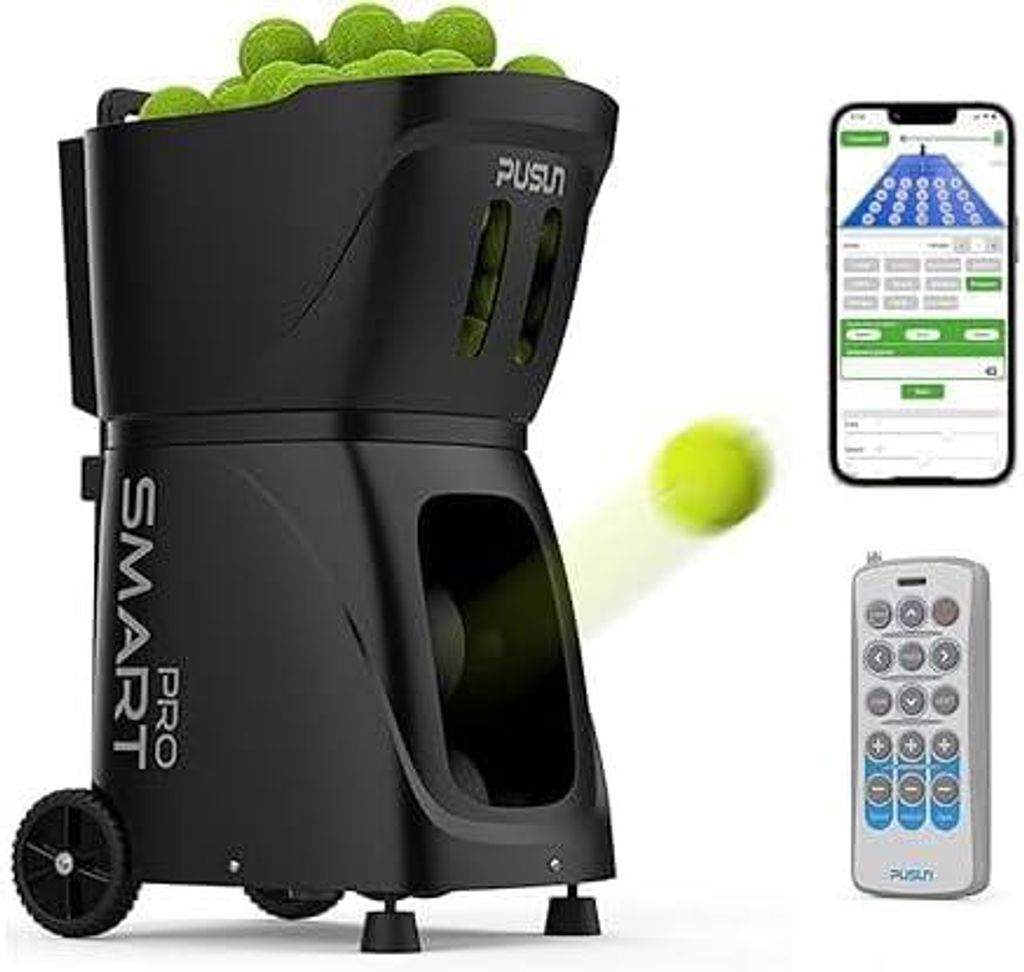 PUSUN PT-smart Pro Tennis-Ballmaschine mit App-Steuerung, interner Oszillation für 28 Zielpunkte, 12 Modi, 12–75 mph, 4–6h Akku für Tennis & ...