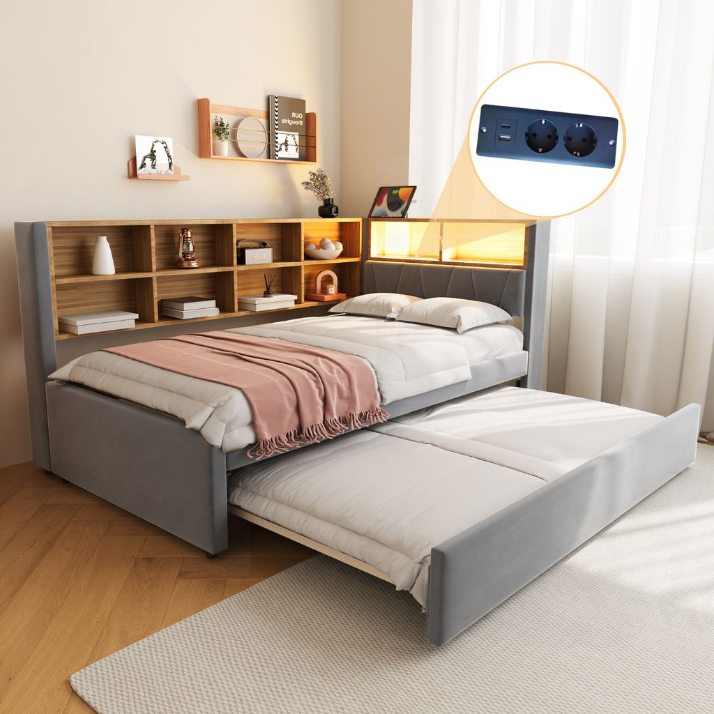 MODFU Schlafsofa 90*200 Multifunktionsschlafsofa,Einzelbett, ausgestattet mit LED Leuchten, Steckdosen und vielen Ablagefächern, ohne Matratze...