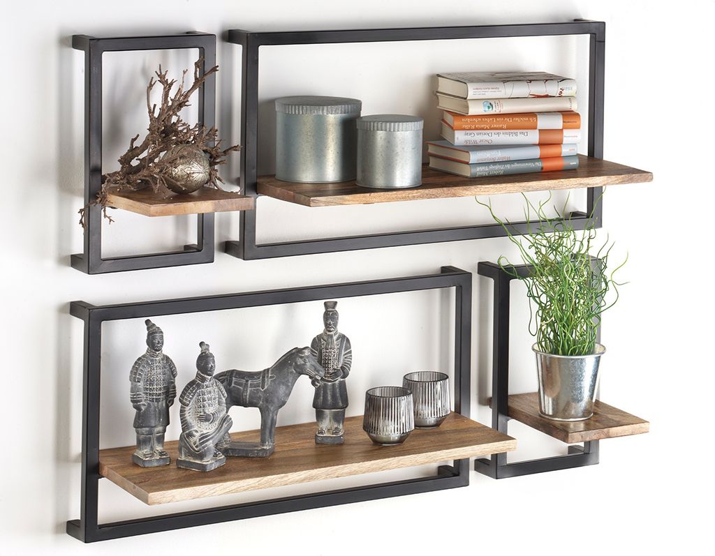 Kobolo Wandregal Hängeregal Metallregal aus Mangoholz und Metall - 4er Set - Regalsystem Board Regal Schweberegal Ablage Zimmer Deko Home Design B...