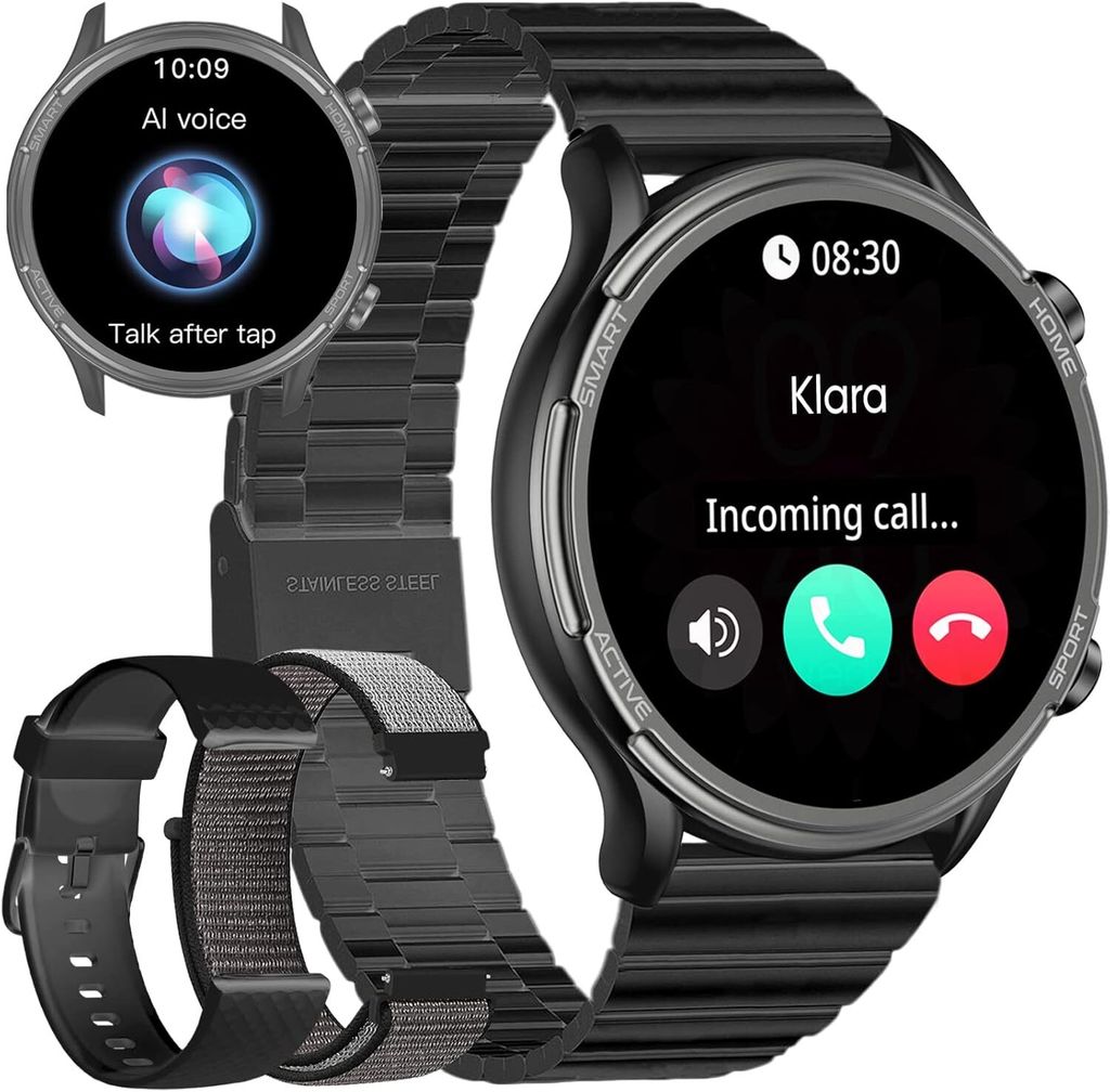 Smartwatch Herren rund Metallarmband mit Telefonfunktion, WhatsApp-Funktion, Blutdruckmessung, Schrittzähler, Sprachassistent-Funktion,Fitness-Tra...