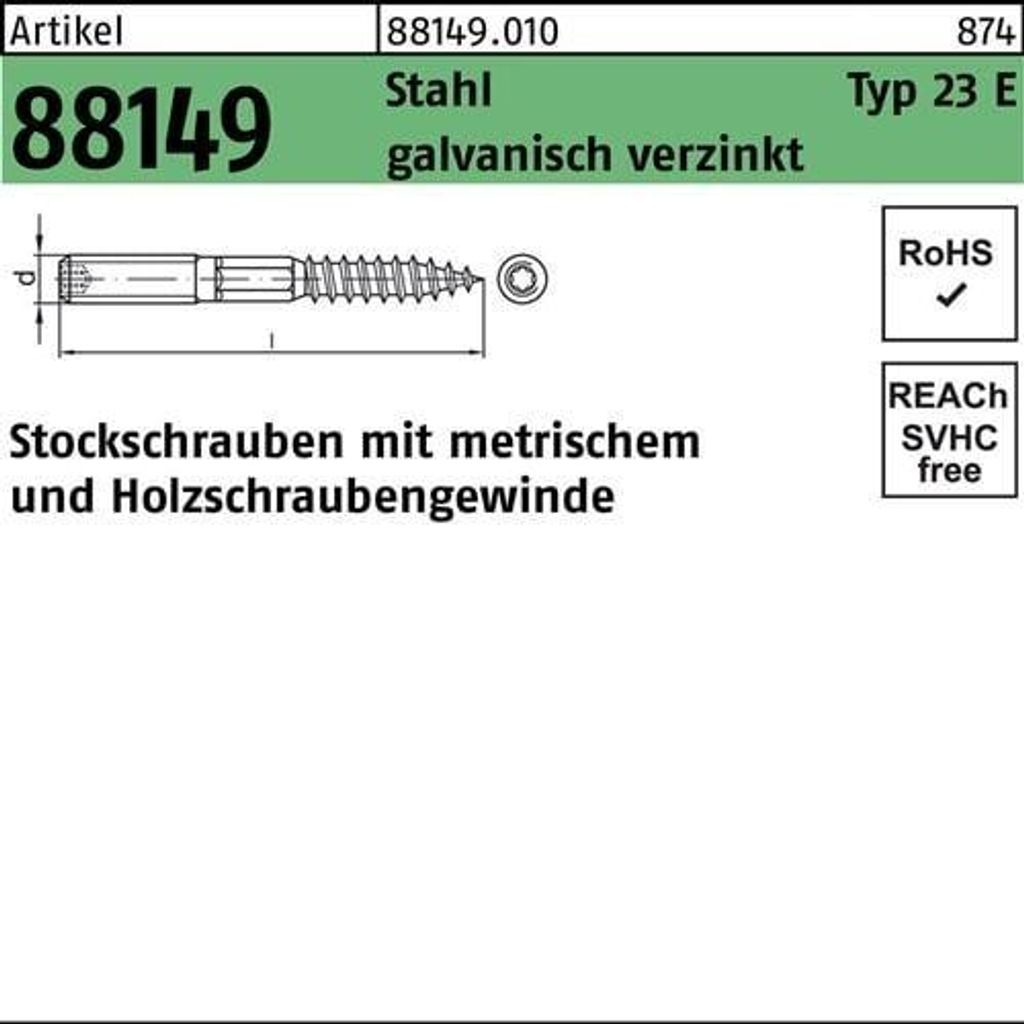 Stockschraube R 88149 Typ 23 E M8x 70 Stahl galv.verz. 100 Stück