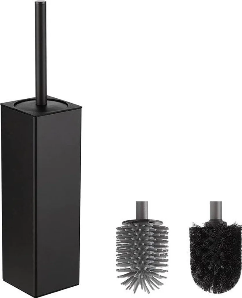 Ensemble brosse de toilettes carrée noire sur pied avec têtes silicone