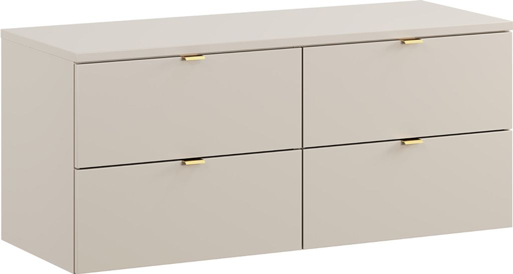 A beige cabinet with four drawers and gold handles.