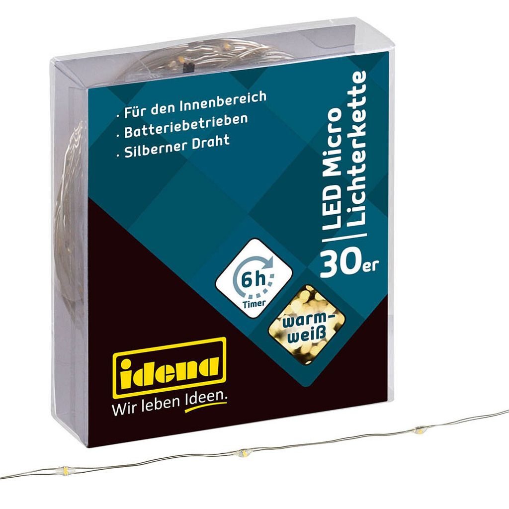 The image shows the packaging of an Idena LED micro light chain.