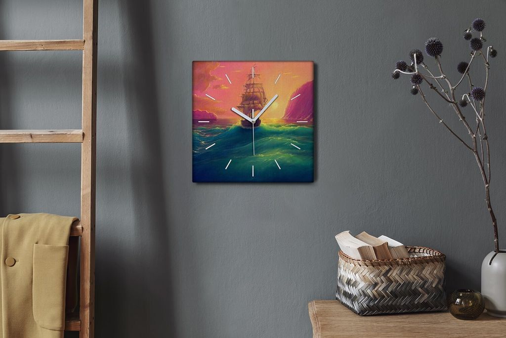 Coloray Hodiny Unikátní 30x30 cm Tiché hodiny Pro obývací pokoj a kuchyň Nástěnné hodiny Plátno Bílé ručičky hodin - Mořské lodě ...