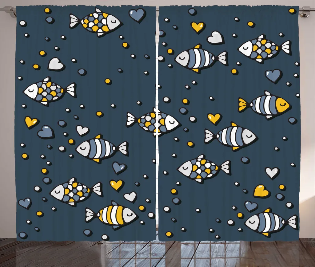 Rideau de Salon Large 280x225 cm Facile à Installer Motif Rustique Poissons