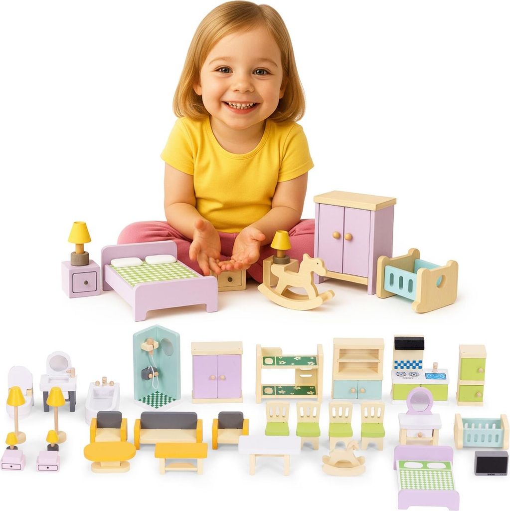 Puppenhausmöbel-Set aus Holz, 30-teilig für Kinder