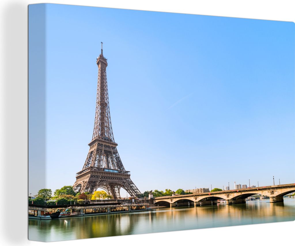 OneMillionCanvasses - Leinwandbilder - 140x90 cm, Der Eiffelturm und eine Brücke über die Seine, Wandbilder Kunstdruck Wanddekoration