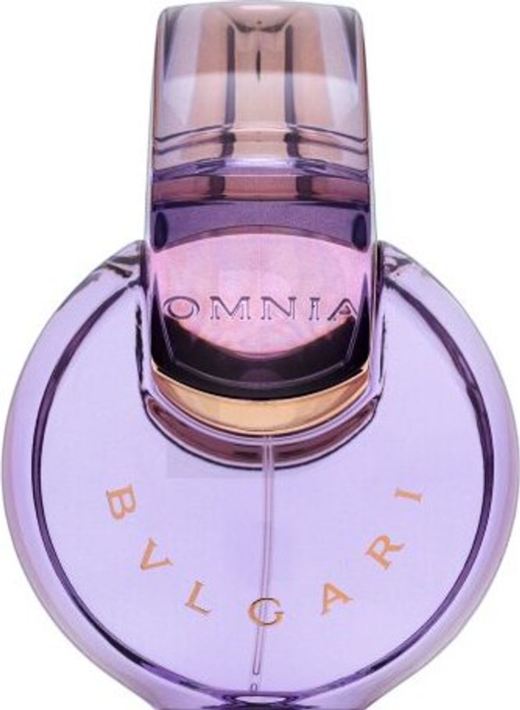 A close-up studio shot of a Bvlgari Omnia Amethyste Eau de Toilette bottle.