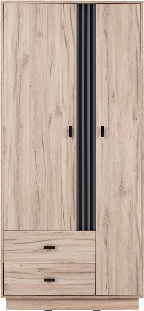Jugendzimmer-Kleiderschrank 90 cm breit, 50 cm Tief in Eiche Nb. mit 2 Türen, 2 Schubladen, 1 Kleiderstange ANTIGUA-133
