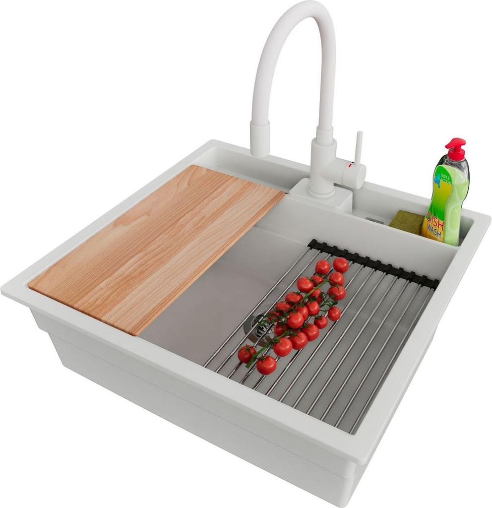 PRIMAGRAN Unterbauspüle Granit Weiß 56x54cm, Spülbecken 1 Becken + Ablauf-Set + Küchenzubehörset, Granitspüle ab 60er Unterschrank - Bergen P...