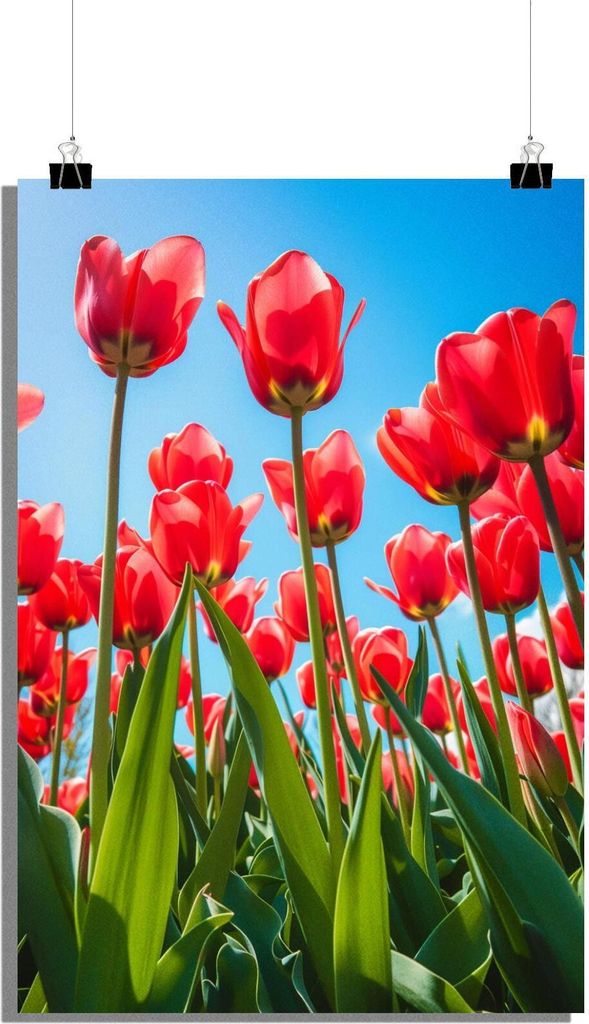 Rote Tulpen Poster - Blauer Himmel Poster - Blumen Poster - Natur Poster - 61x91cm - Perfekt zum Einrahmen