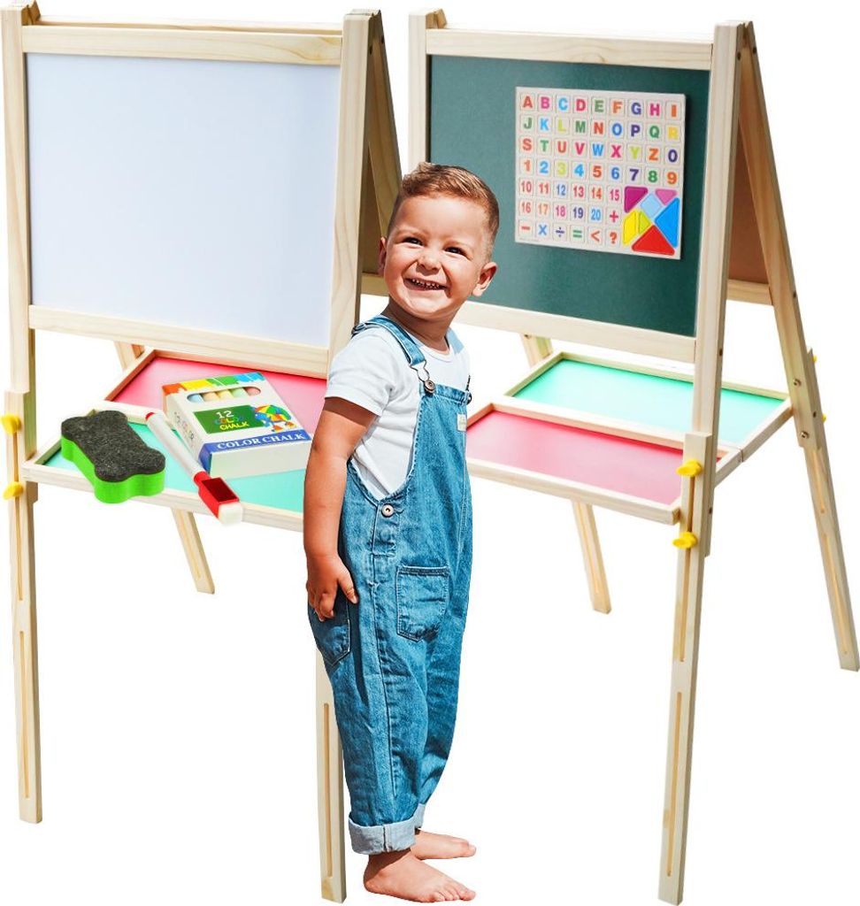 Doppelseitige magnetische Kreidetafel aus Holz mit Zahlen und Alphabet auf einem Magneten