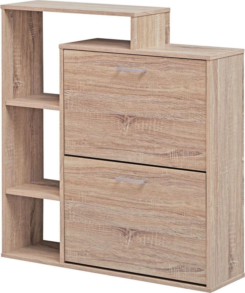Moderner Schuhkipper MASSA Holz 2 Fächer Sonoma Eiche 12 Paar Schuhe, Schuhschrank 85 x 24 x 93 cm, Schuhkommode Flur mit Ablage Regal