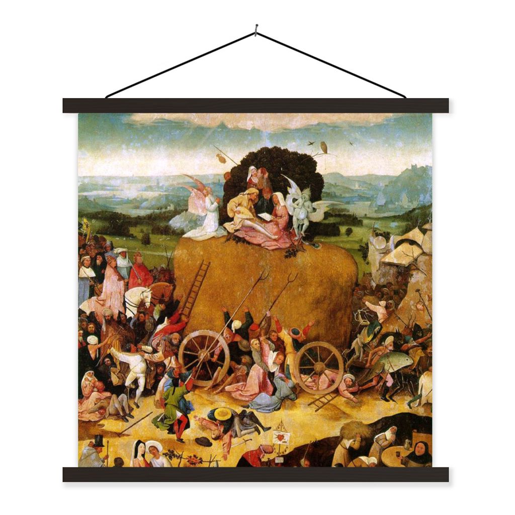MuchoWow Textilposter Heuwaage Mitteltafel des Triptychons - Gemälde von Hieronymus Bosch 40x40 cm mit schwarzem Rahmen - Fotos