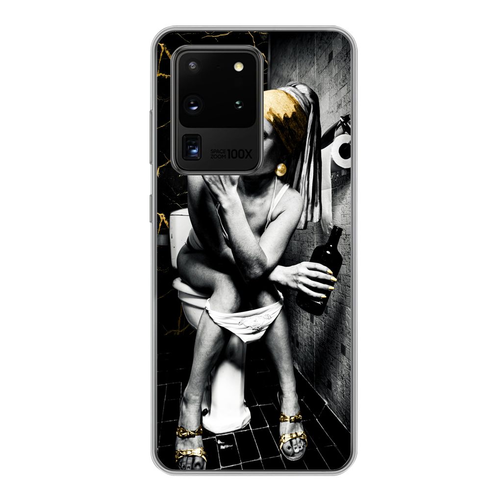 MuchoWow Handyhülle Schutzhülle Hülle für Samsung Galaxy S20 Ultra Marmoroptik - Mädchen mit Perlenohrring - Zigaretten - Toilette - Gold - ...
