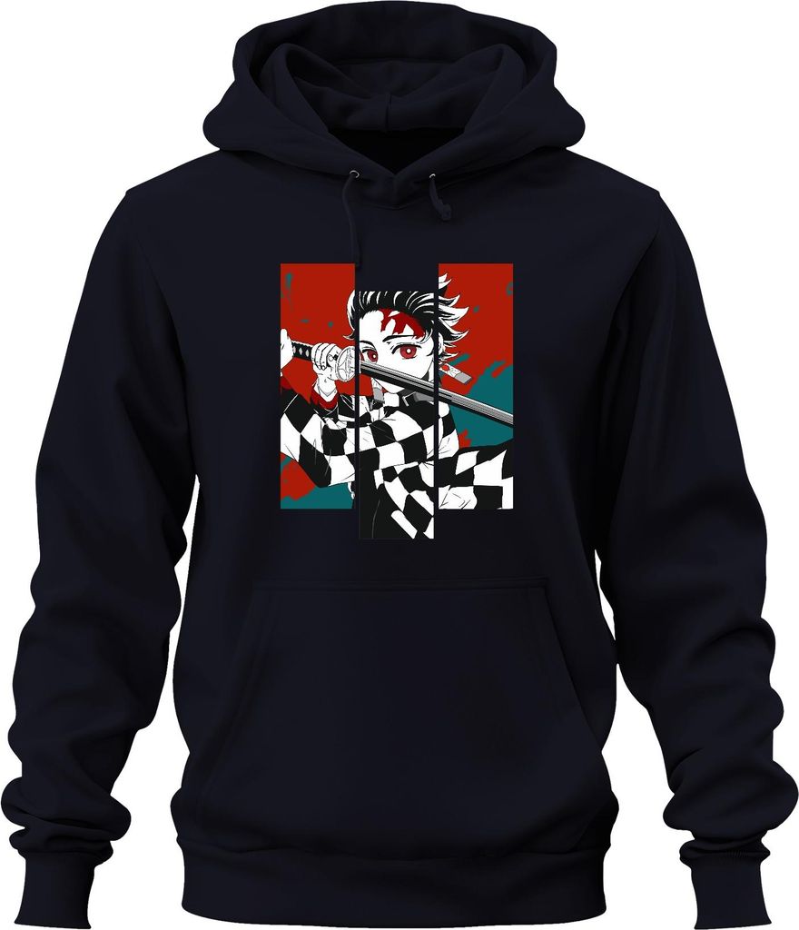 Demon Slayer Dämonenjäger Katana Karomuster Anime Manga Geschenk Uni Hoodie Kapuzenpullover, Navy, XXL