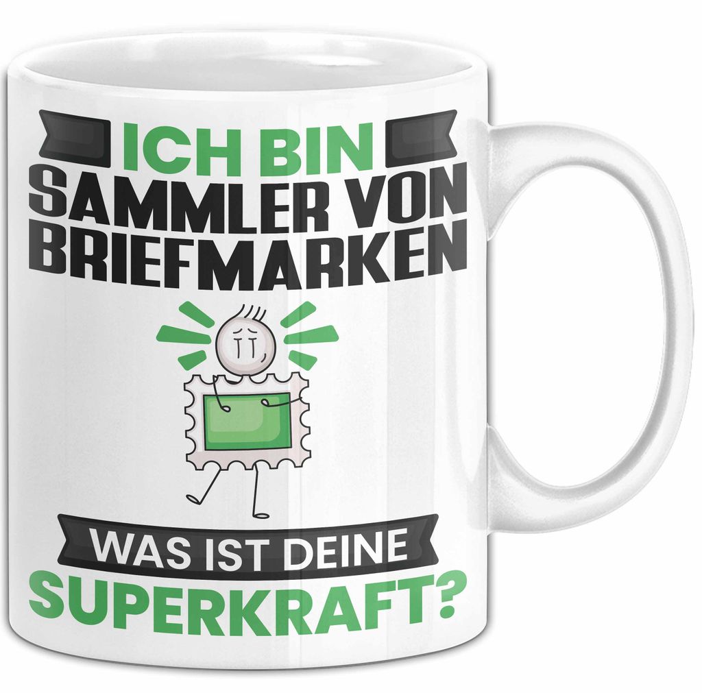 Sammler von Briefmarken Tasse Geschenk für Sammler von Briefmarken Geburtstag Lustiger Spruch Kaffee-Becher Was Ist Deine Superkraft (Weiß)