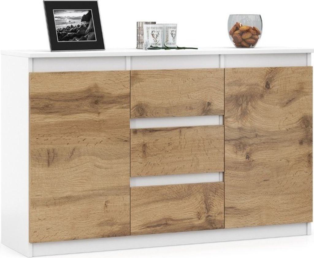 VBChome Kommode 120 x 35 x 75 cm mit 3 Schubladen und 2 Türen Weiß - Eiche Wotan Grifflose Schubladenkommode Mehrzweckschrank für Flur Schlafzimmer