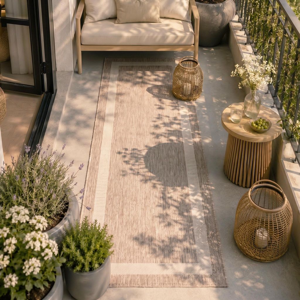 Volero - Balkonteppich - Sierra Border Beige Creme - 80x200 cm - Balkon, Garten / Terrasse, Flur - Boho, Modern