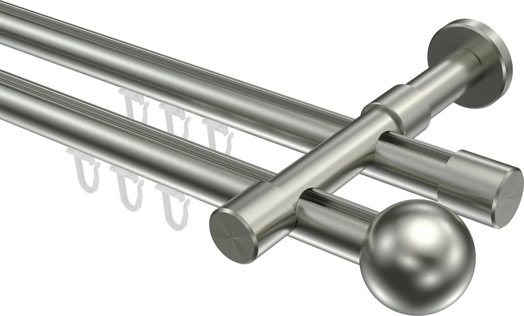 Interdeco Innenlaufstange / Gardinenstange mit Innenlauf Edelstahl-Optik, Typ Prestige Luino (Kugel), 20 mm Ø 2-läufig, 100 cm