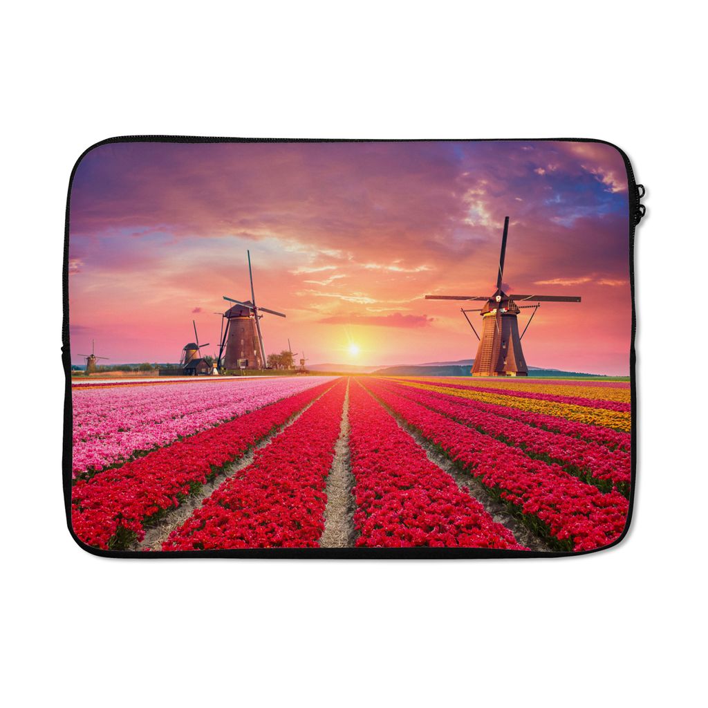MuchoWow Laptop Hülle 14 ZollBlumen - Windmühle - Tulpen - Sonnenuntergang - Rosa Laptoptasche - Laptoptasche - Stoßsicher - Schutzhaube