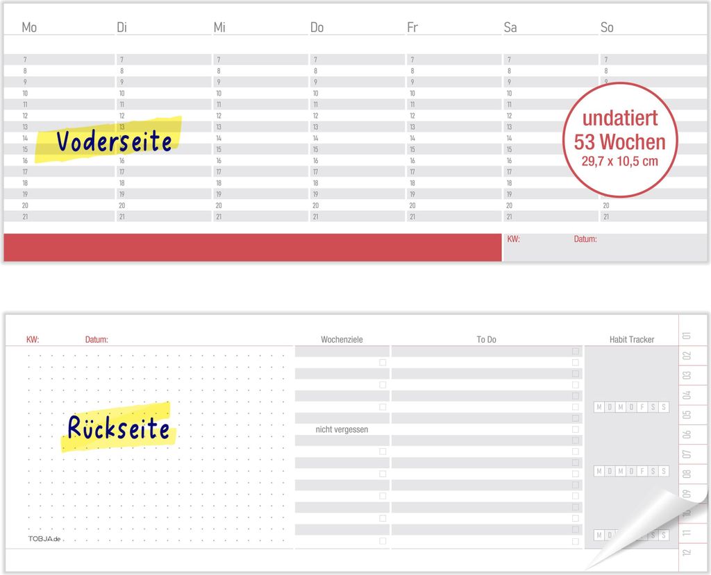 Roter Tischkalender Wochenplaner undatiert – 53 Blatt für 1 Produktbild 